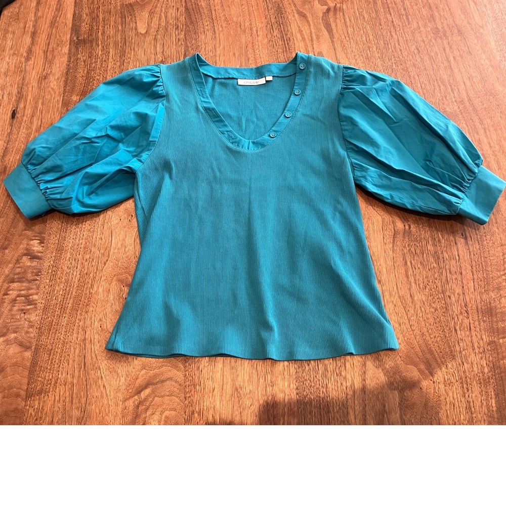 Chicos Teal Ribbed Mixed Media Puff Sleeve V-Neck Button Top Size 0 S